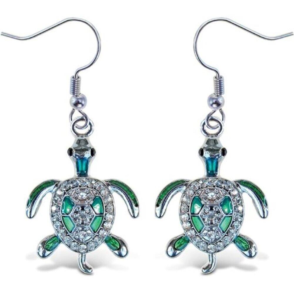 Sparkling Green Sea Turtle Drop Earrings Silver Tone Cute Ocean Animal Jewelry